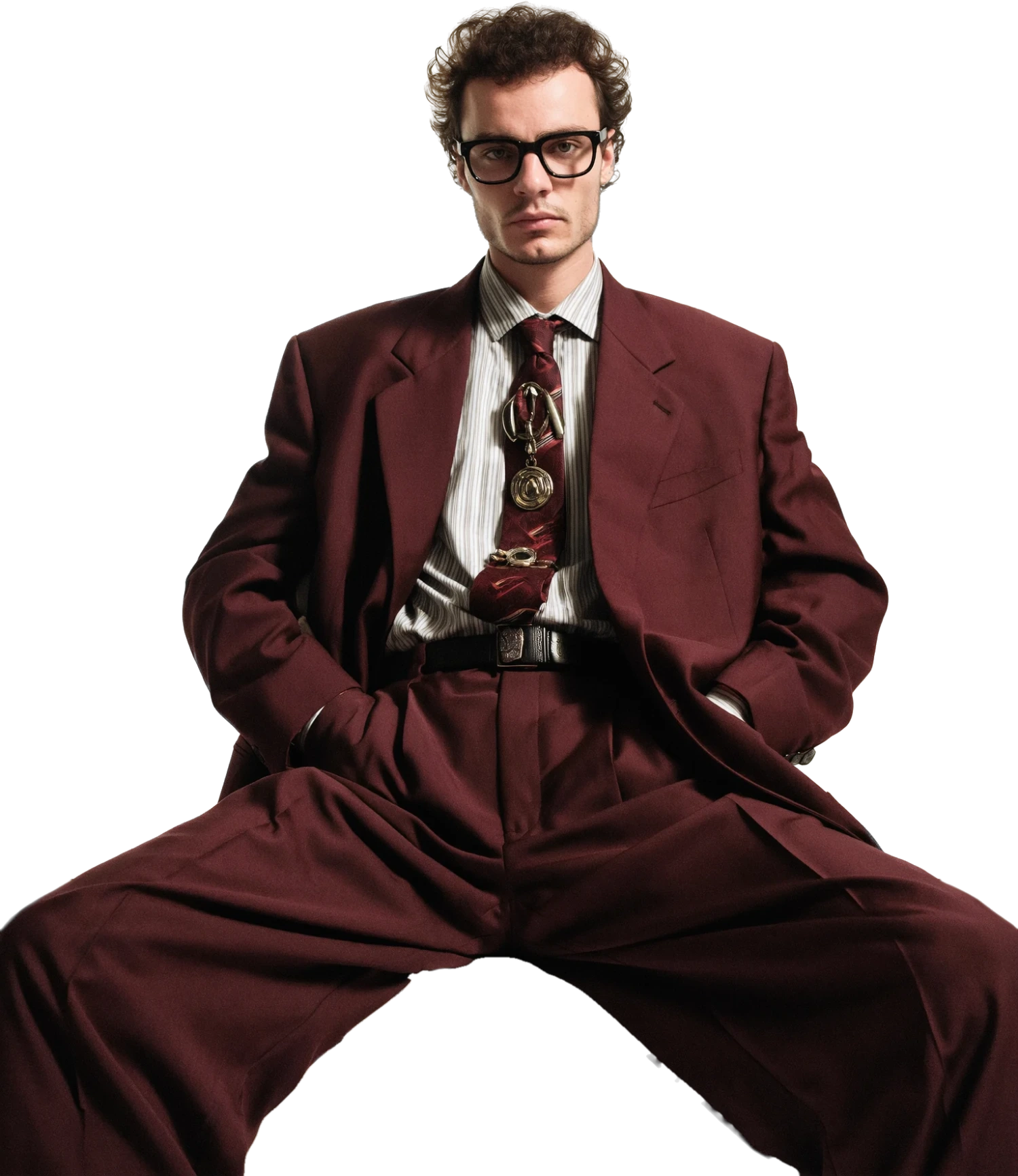 Eli Taylor seated in a wine-coloured suit and black glasses